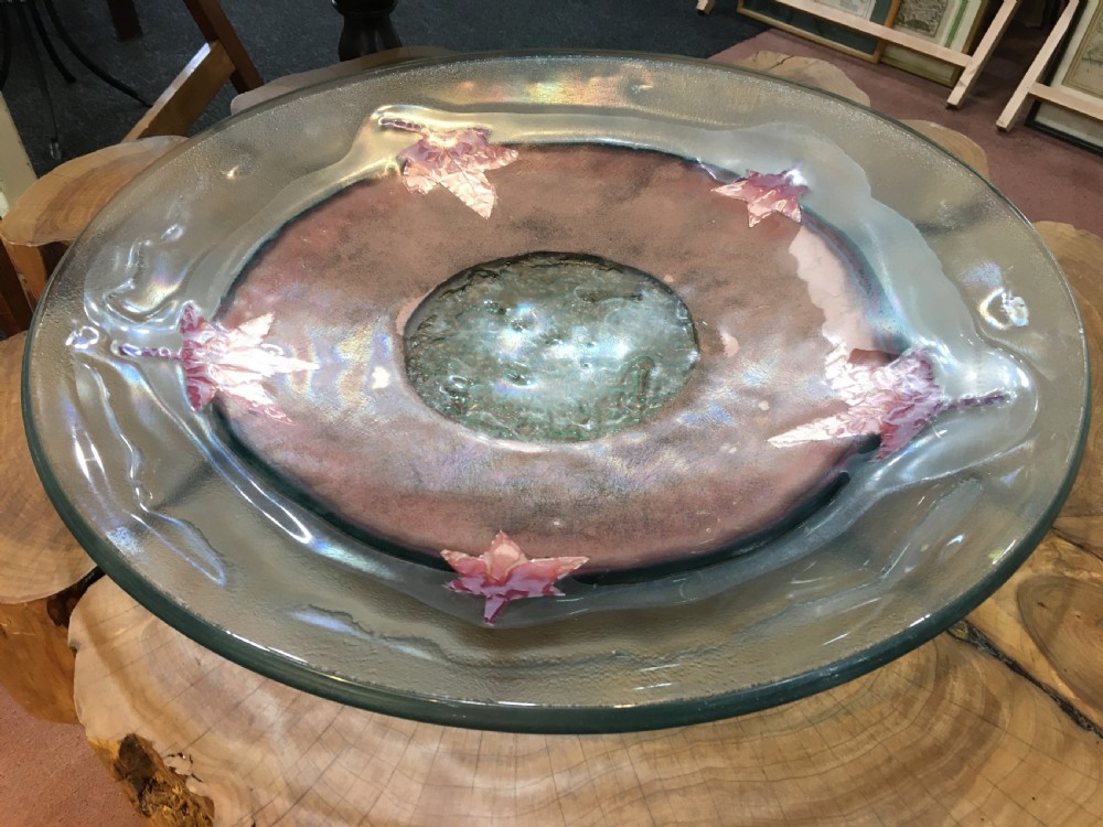 large art glass plate with copper leaf inclusions