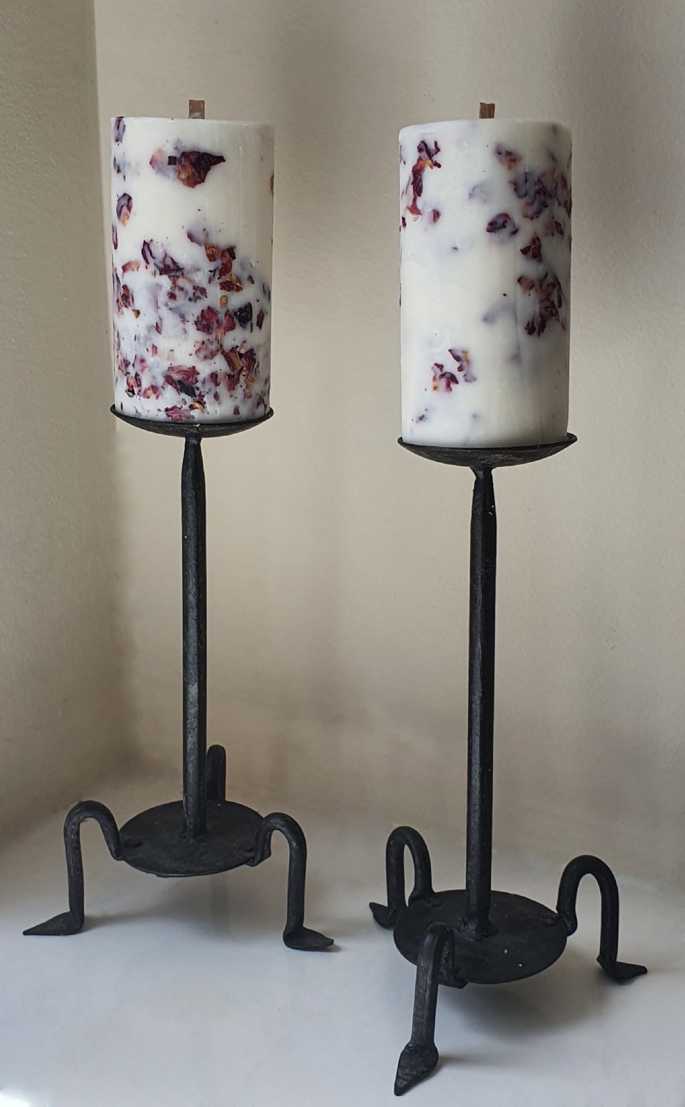 pair arts crafts hand forged iron candlesticks c1910