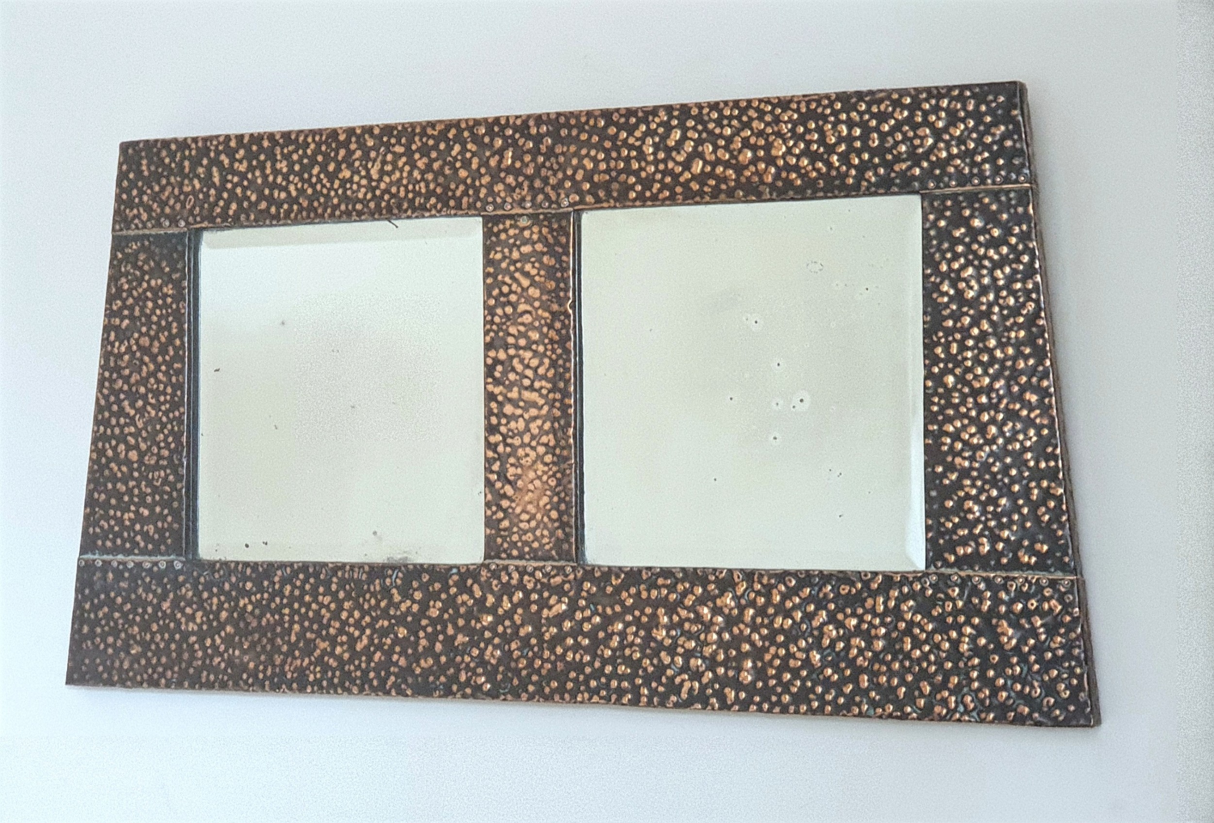 arts crafts rare hammered copper double bevelled glass wall mirror original chain ready to hang