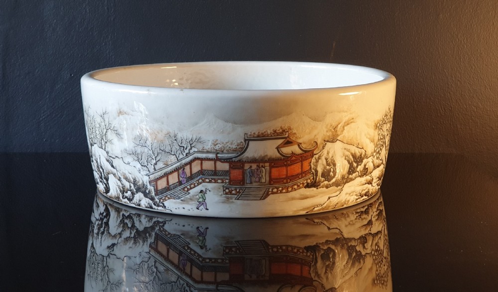 snow scene brush pot c1910