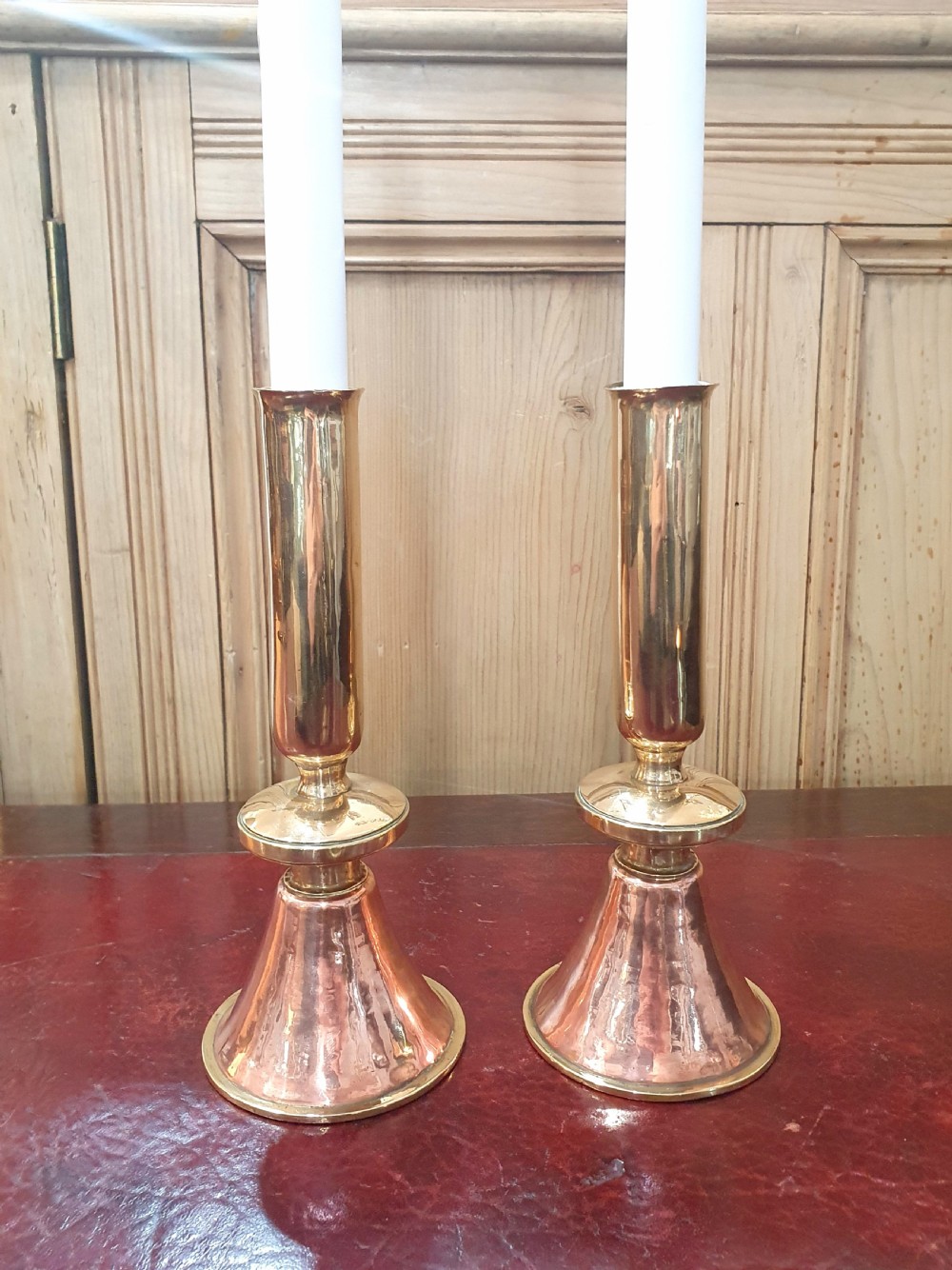 fine pair of arts crafts bell shaped brass copper candlesticks c1900
