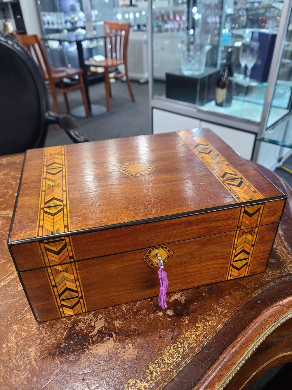 victorian walnut tunbridge parquet jewellery box